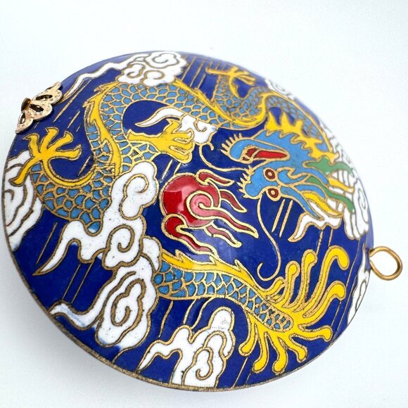 Cloisonne Vtg Enamel Dragon Blue Bead Clouds Fire 2" Diameter Gold-Tone Trim - Picture 3 of 7